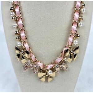 Pink Satin Ribbon Gold Bows Necklace Statement Gold tone Ballet core 8in